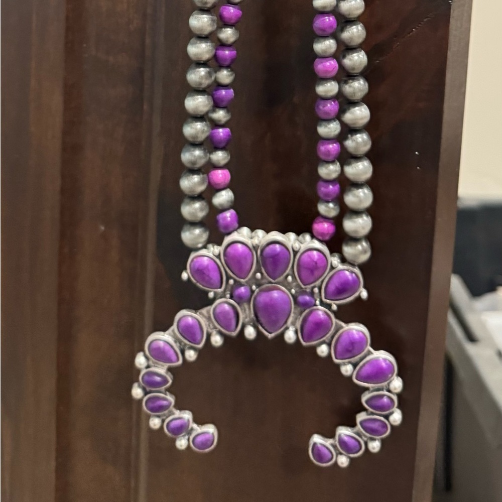 Elegant Silver and Purple Squash Blossom Necklace